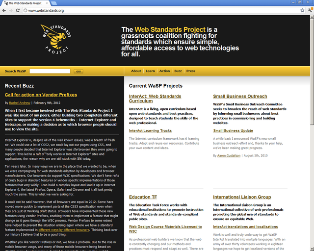 Captura de pantalla de la página web de El Proyecto de Estándares Web