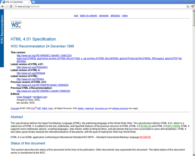 Captura de pantalla de la página web de las Especificaciones de HTML 4.01