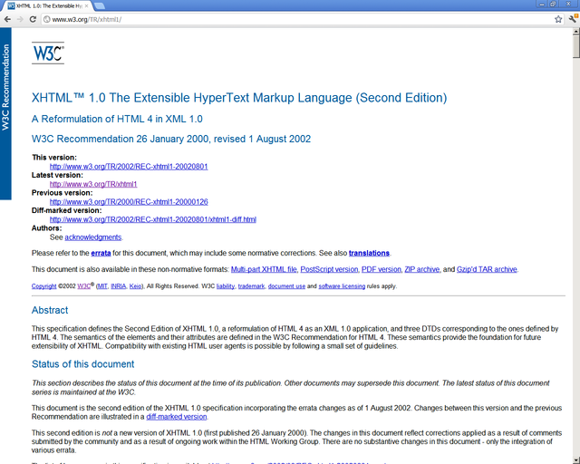 Captura de pantalla de la página web de la Especificación de XHTML 1.0