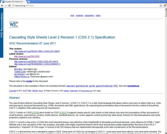 Captura de pantalla de la página web de la Especificación de CSS 2.1