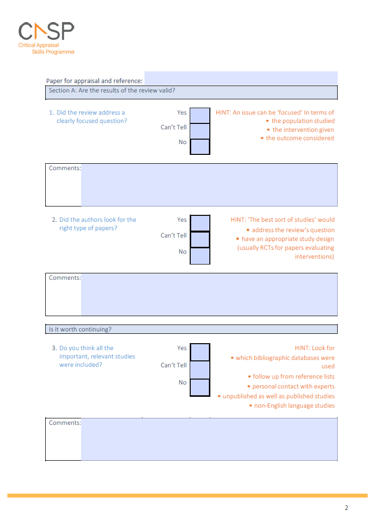 CASP Checklist: 10 questions to help you make sense of a Systematic Review